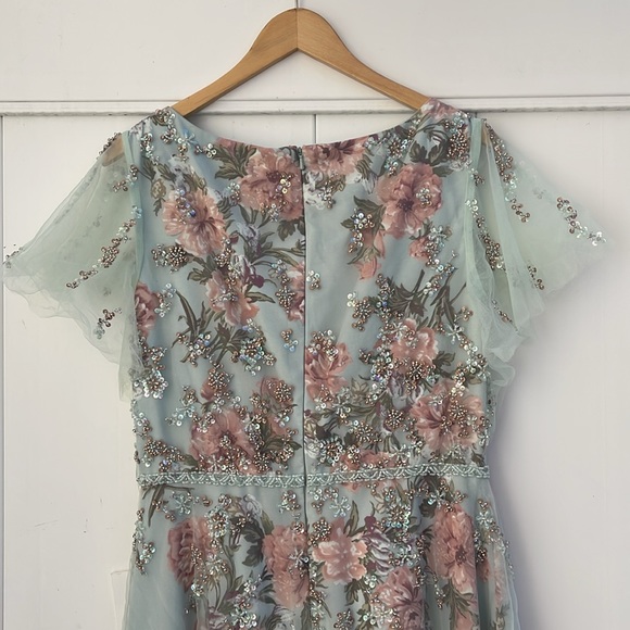 Mac Duggal - Blue Multi Floral Flutter Sleeve V-Neck Maxi Dress - Size 10 - Picture 11 of 17